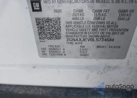 2020 Chevrolet Equinox Fwd 2Fl from USA, damaged, VIN 3GNAXJEV0LS734684